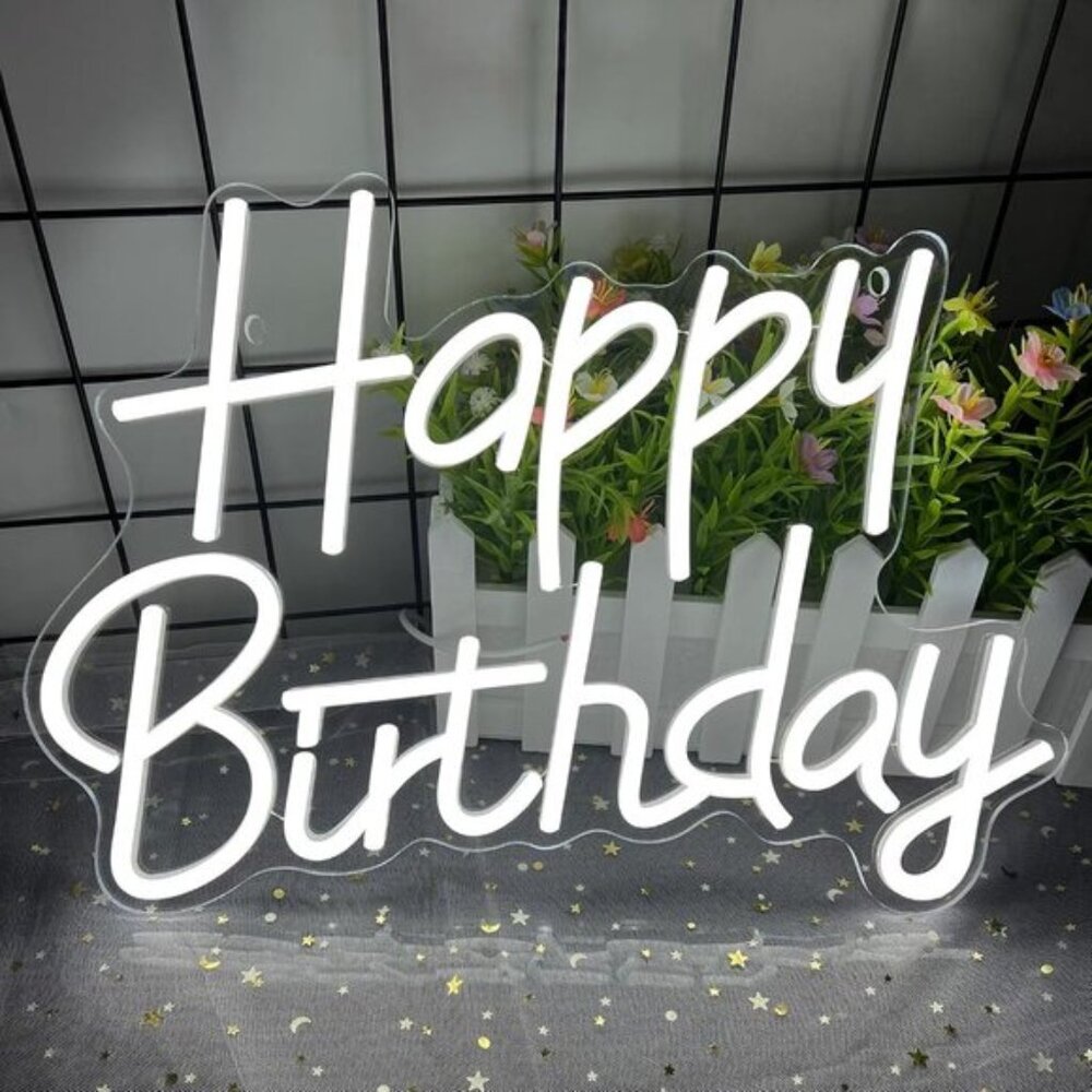 New Happy Birthday Neon Sign, Dimmable LED Light for Party & Wall Decor - White